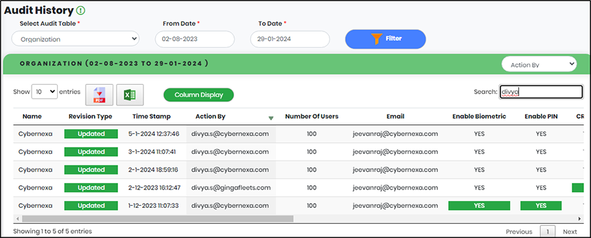 Audit history search result- CyLock